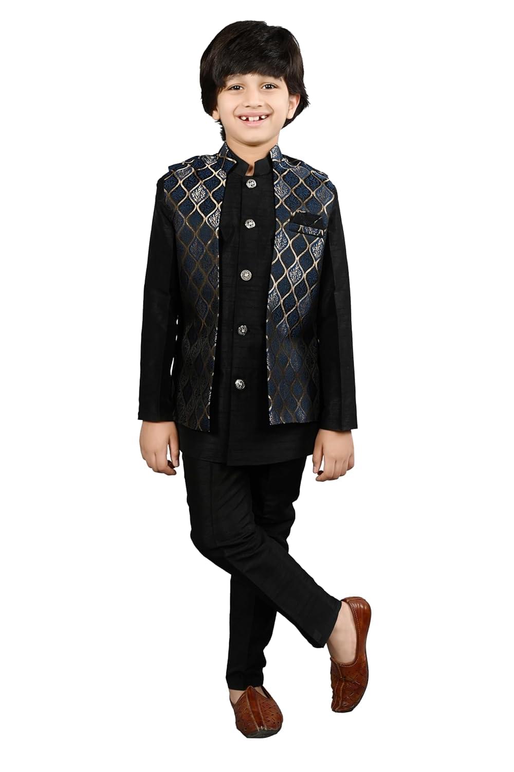 AHHAAAA Kids Ethnic Silk Blend Waistcoat Kurta Pyjama 3 Piece Sherwani Set For Boys |539|