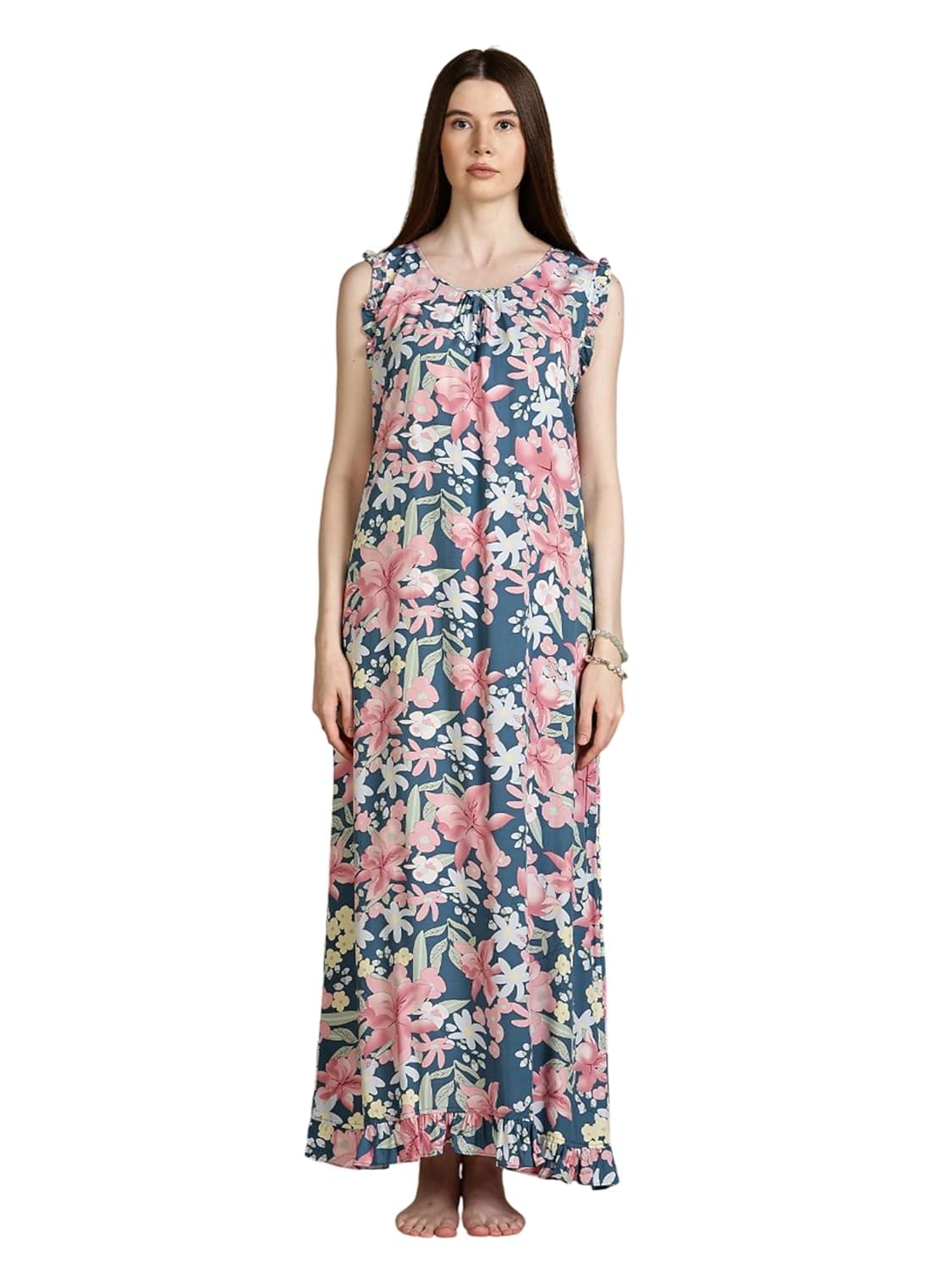 9shines Label Premium Rayon Sleeveless Nighty for Women with Floral Print | Soft Ankle Length Nightdress for Women (Rayon Sleeveless 852)