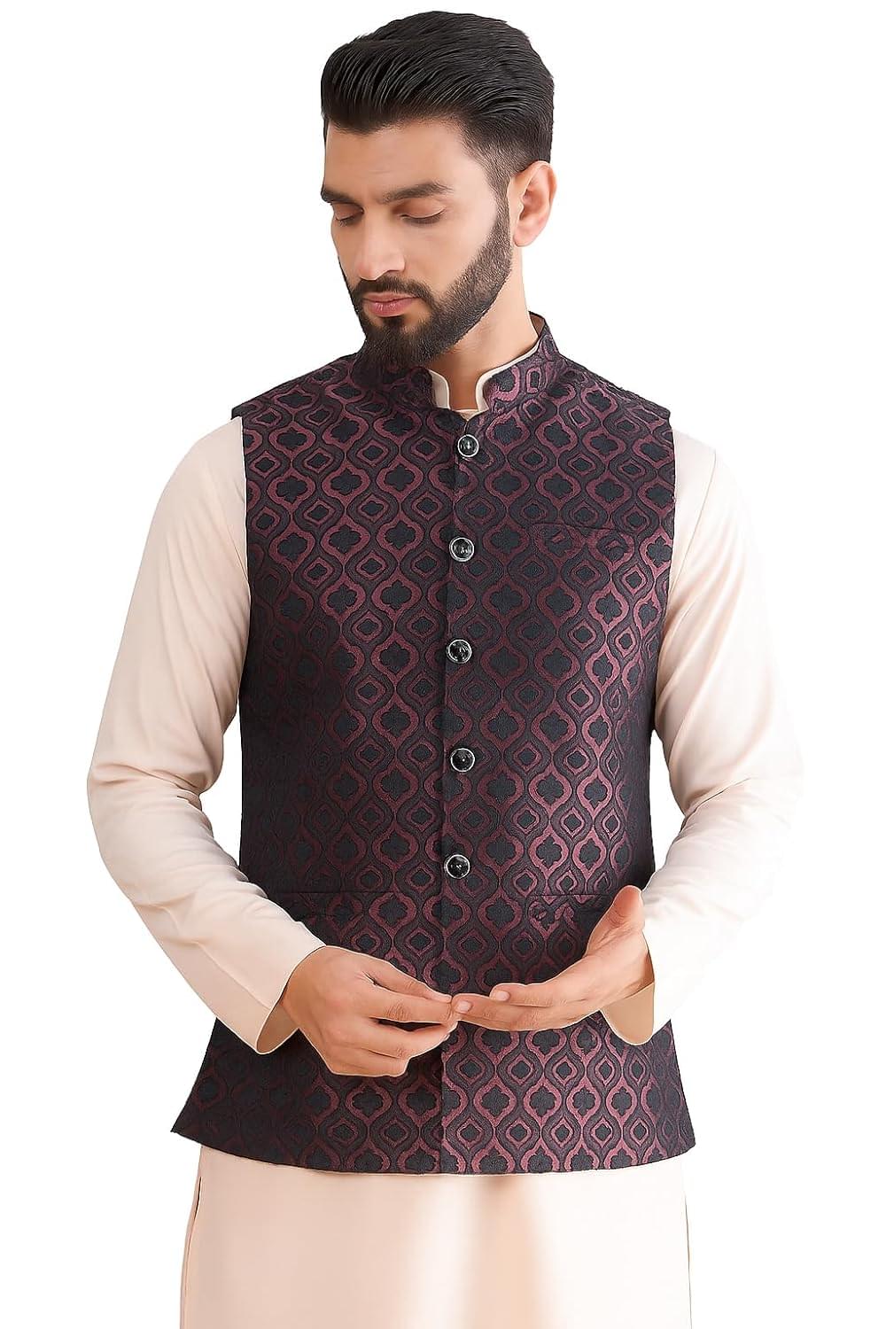 Amazon Brand – Tavasya Mens Woven Design Mandarin Collar Nehru Jackets | Sleeveless Jacket | Ethnic Wear
