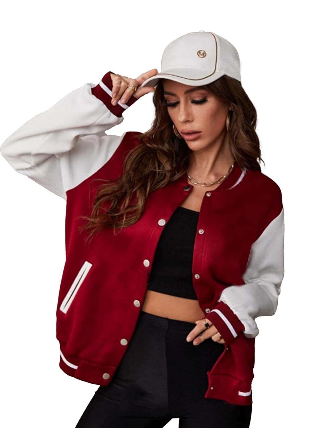 Koverify Stylish Regular Fit Long sleeve Button Up Varsity Jacket for Women