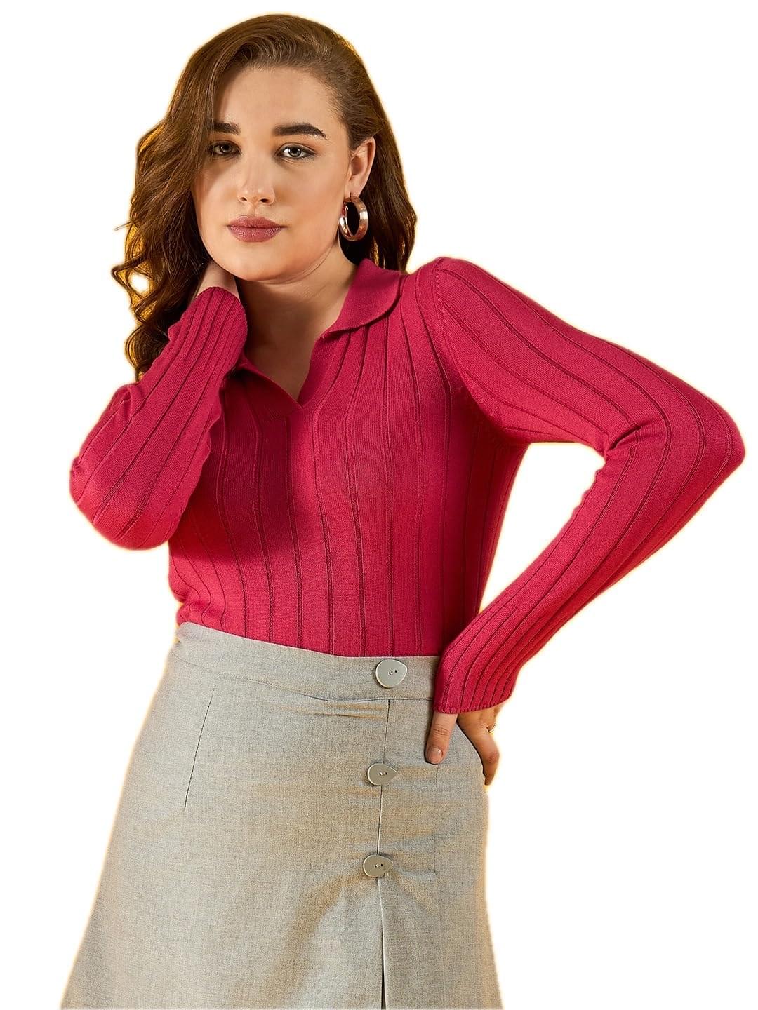 98 Degree Women Pure Cotton Collar Neck Sweater Has A Full Sleeve & Straight Hem-AW25AZG1154-BLACK