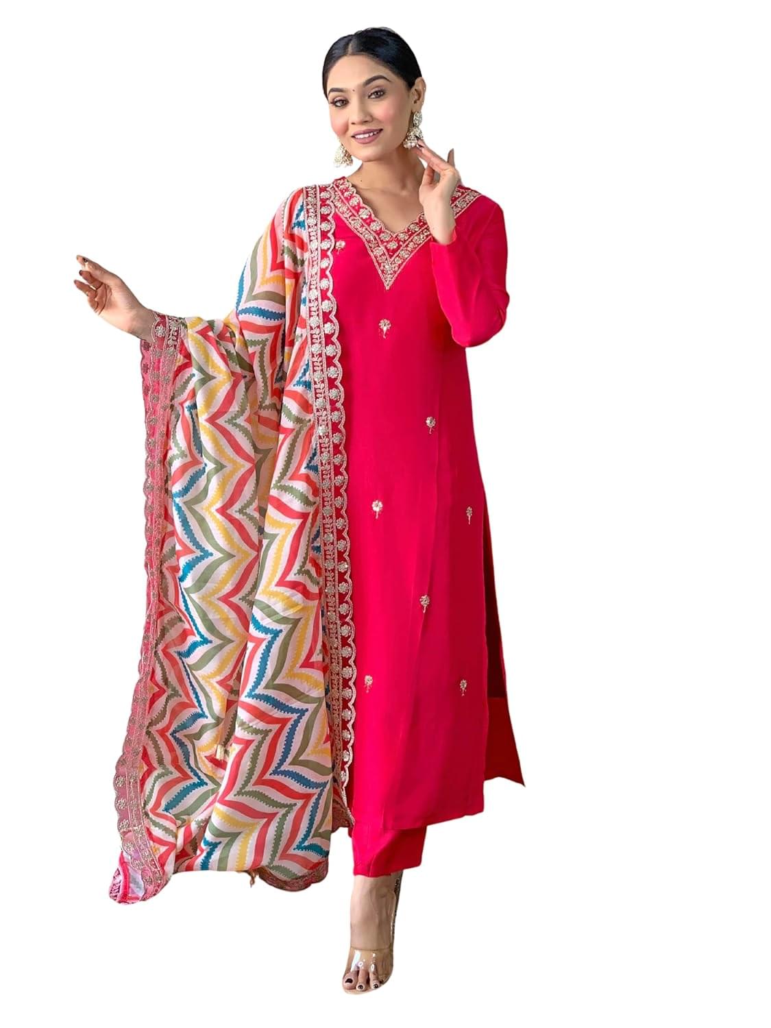Naixa Women’s Viscose Embroidered Straight Kurta with Pant and Dupatta Sets (NX-467)