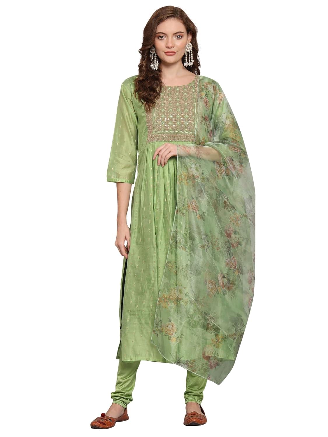 VredeVogel Women’s Chanderi Modal Butti Kurta Set with Stretchable Leggings & Organza Dupatta