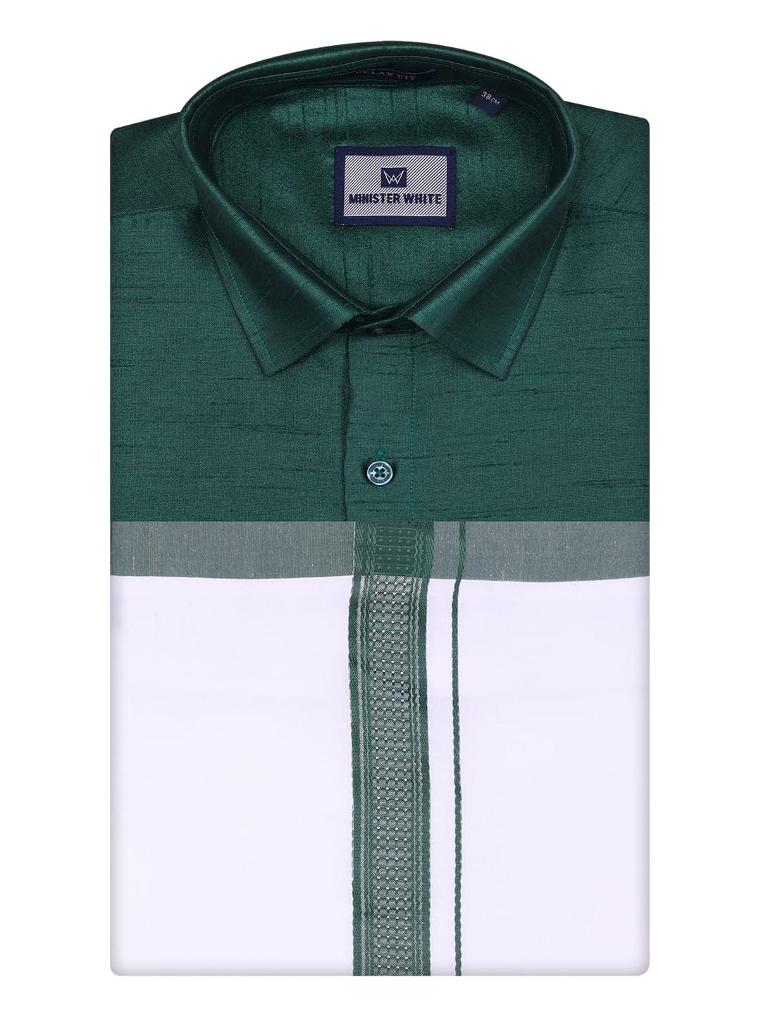 Men’s Traditional Full Sleeve Dupion Satin Shirt with Matching Border Dhoti Combo Gora Set for Festive & Wedding Occasions