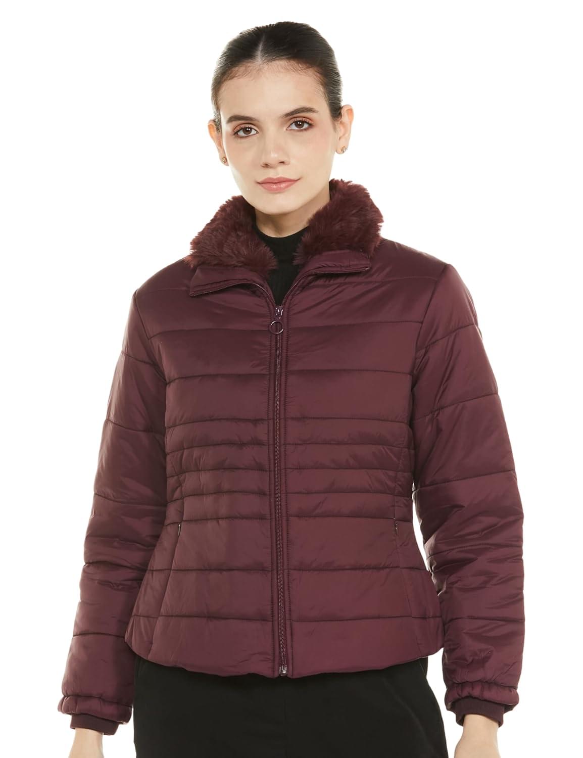 Qube By Fort Collins Women’s Polyester Crop Length Bomber Jacket With Detachable Hood Stylish & Versatile Winter Wear