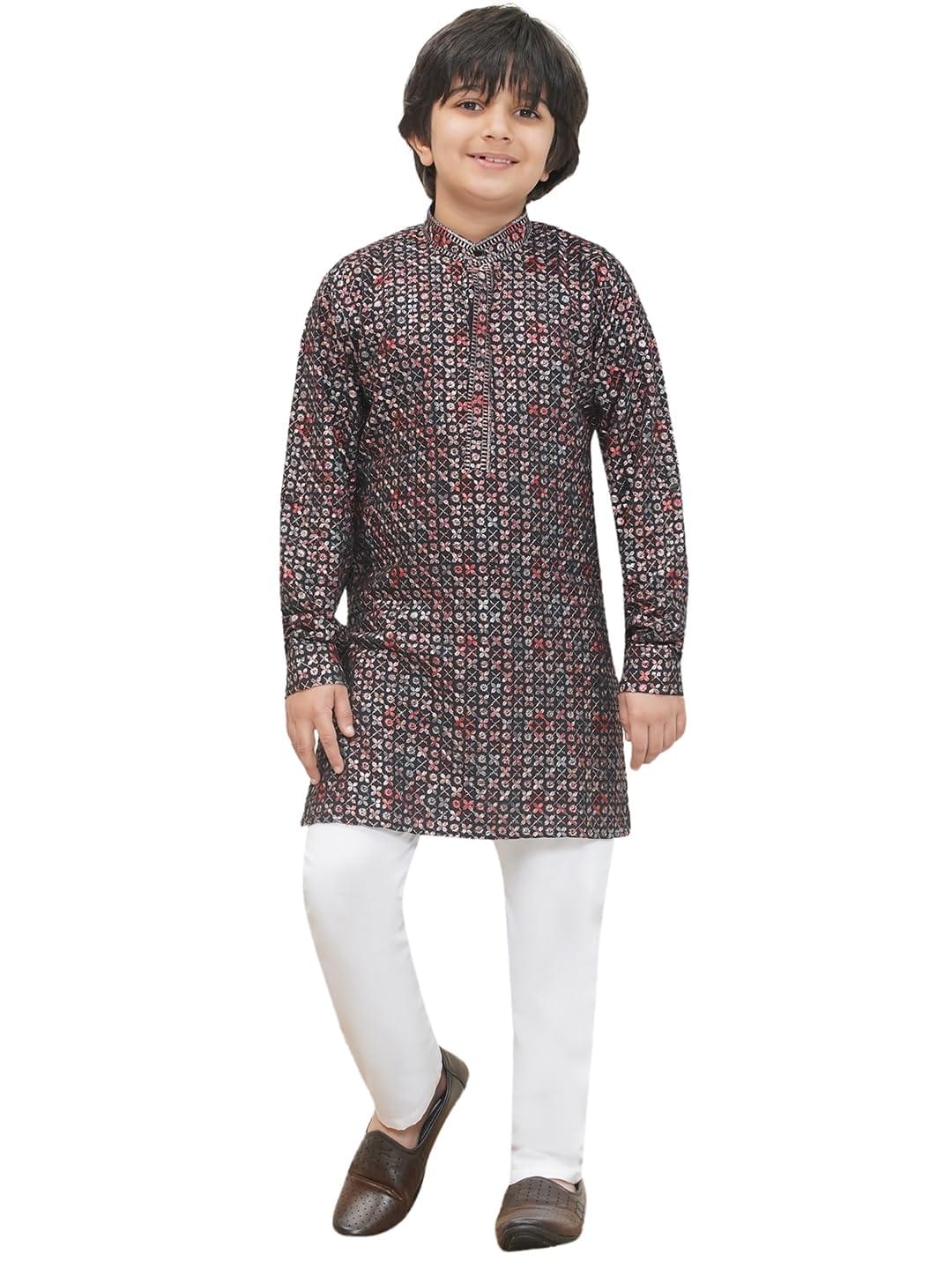 AJ DEZINES Kids Cotton Blend Full Sleeve Embroidered Kurta Pajama Set for Boys – Ethnic wear | Special Occasion | Mandarin Collar – Regular Fit