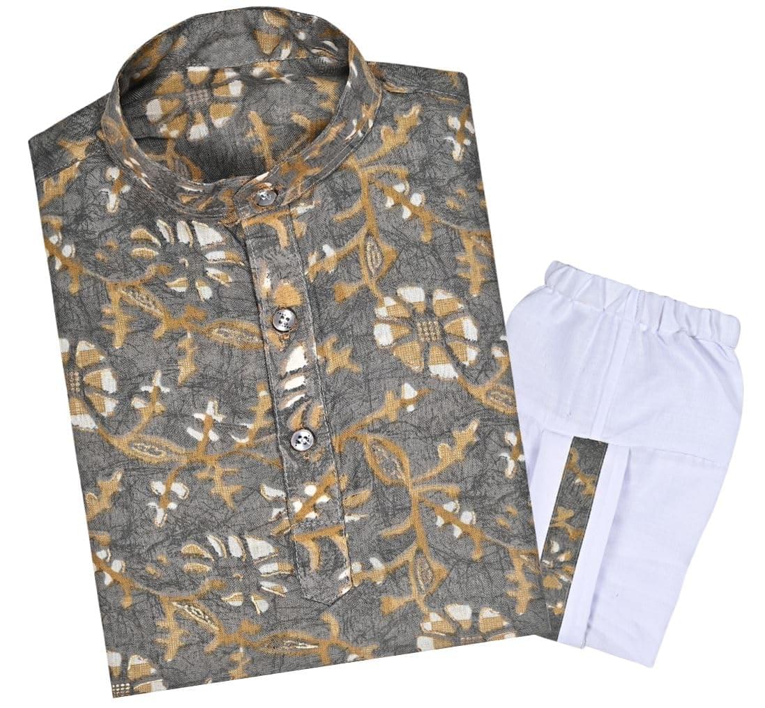 TinySteps Traditional Floral Print Kids Festive Ethnic Wear Boys Cotton Dhoti Kurta Set (Grey)