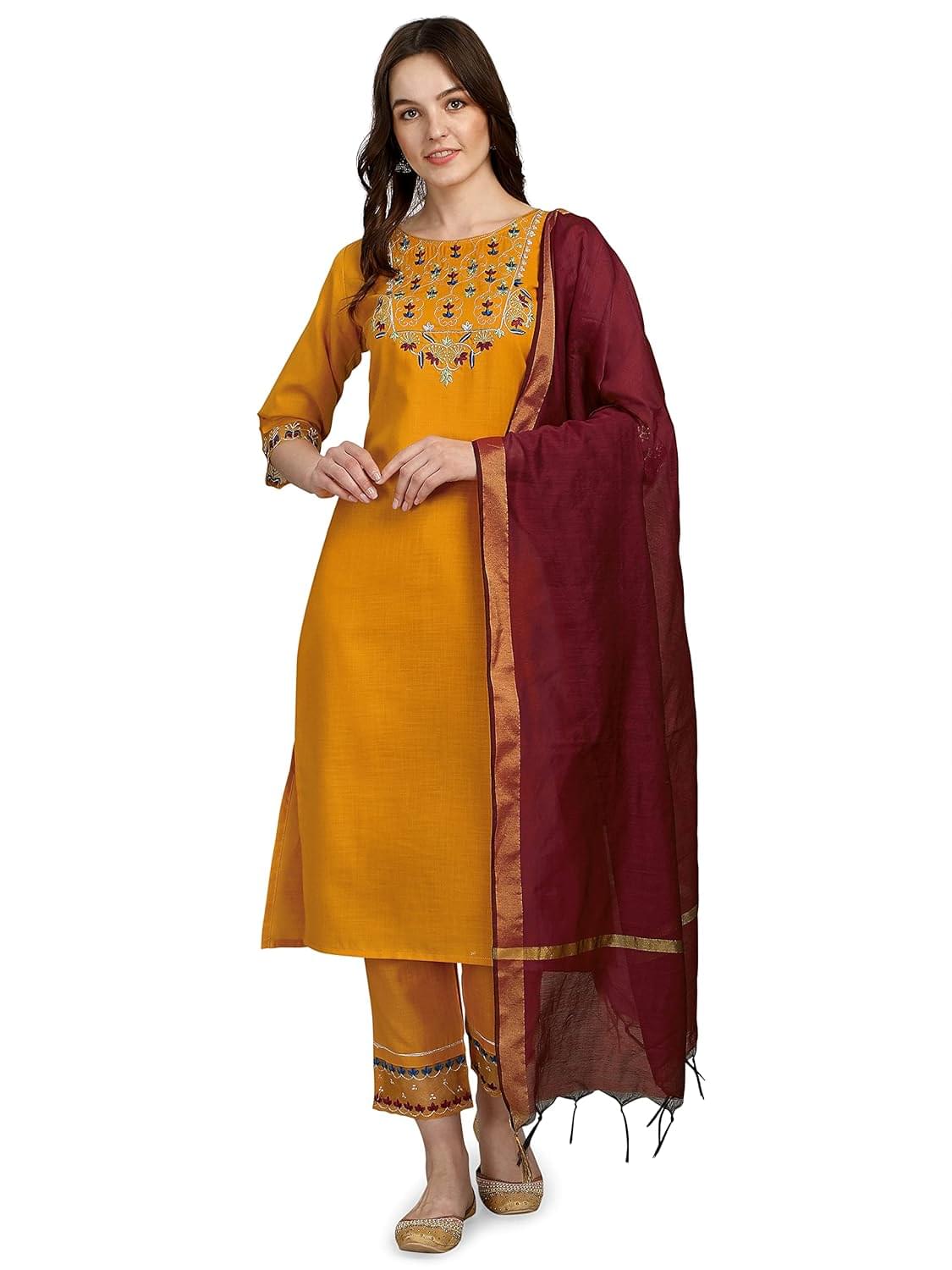 VredeVogel Women Cotton Blend Embroidery Straight Kurta Set With Pant & Chanderi Dupatta