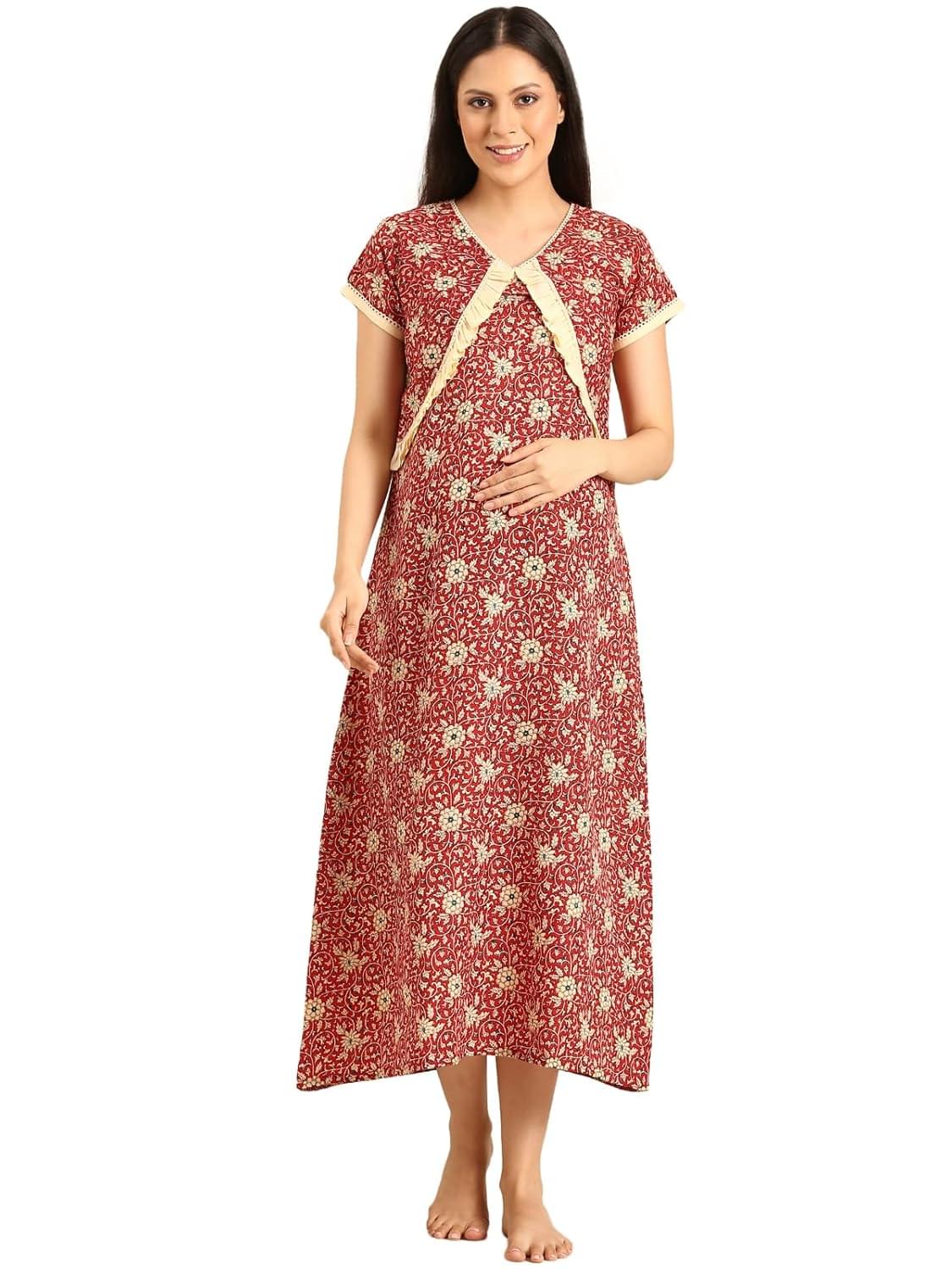 Rupa Jon Ashwarya Women Full Length Printed Maternity Night Dress in Cotton Blend Fabric, Maxi Nighty, Pregnancy Night Dress for Nursing, Pre and Post Pregnancy Red Rupa Jon Ashwarya Women Full Length Printed Maternity Night Dress in Cotton Blend Fabric, Maxi Nighty, Pregnancy Night Dress for Nursing, Pre and Post Pregnancy Red