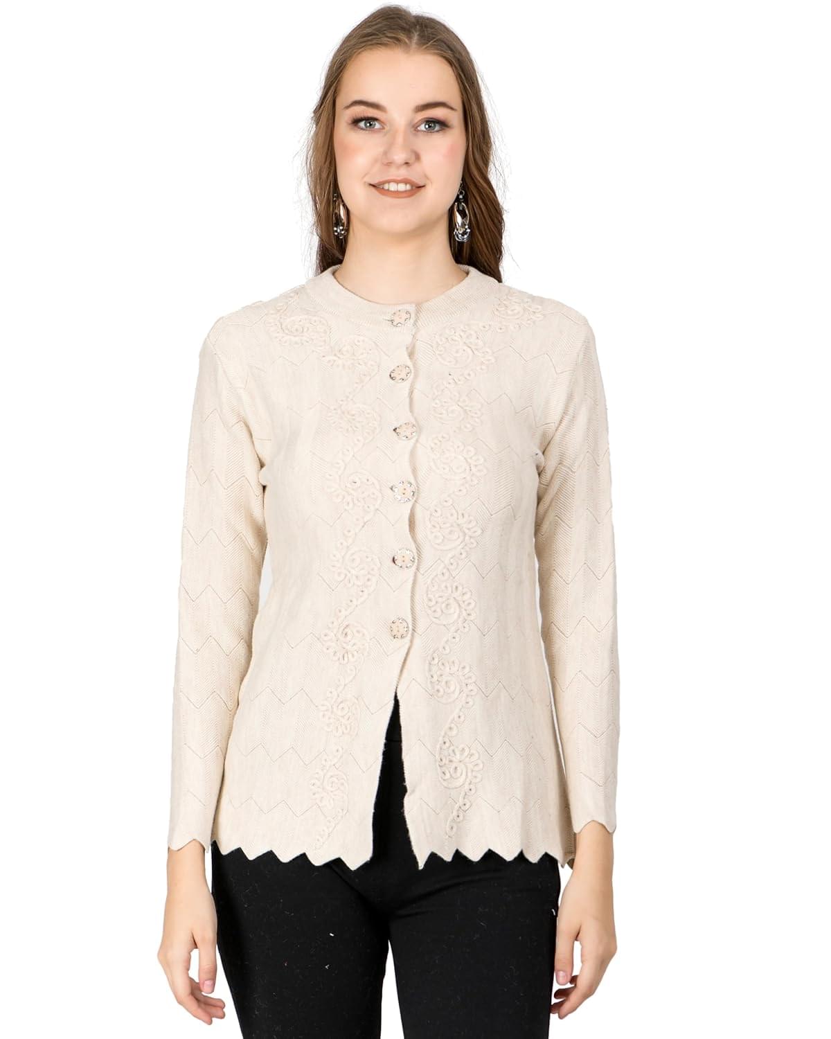 Women Woolen Round Neck Sweater Heavy Front Long Kadai Cardigan Winter Wear Pure Wool Cardigan for Women Free Size Cotty Warm Cardigans with Side Pockets (XL, Beige)