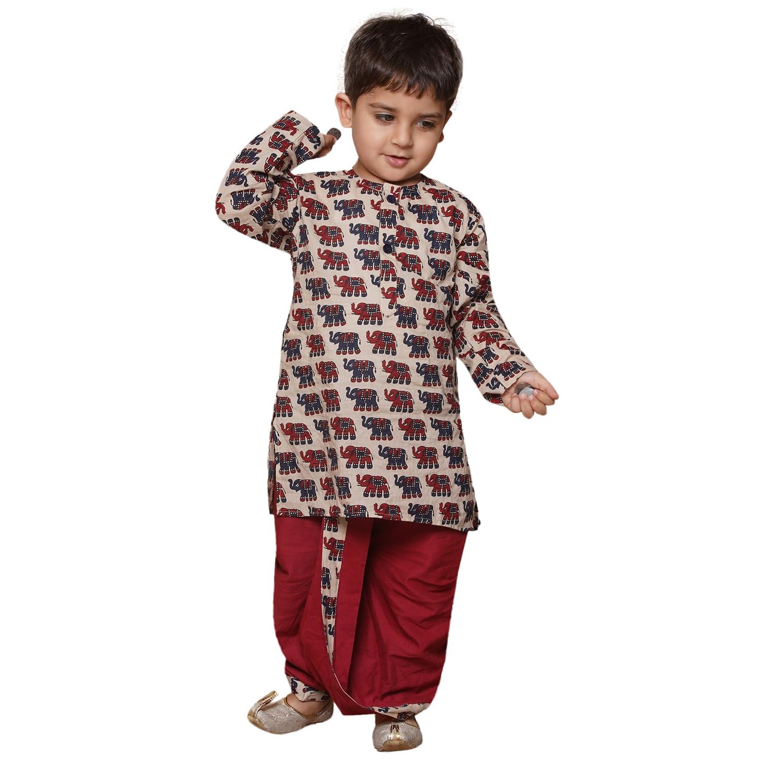 AJ DEZINES Kids Animal Print Pure Cotton Dhoti Kurta Set For Boys