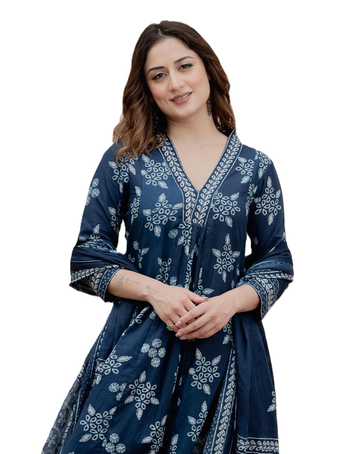 Arayna Women’s Pure Cotton Handblock Ethnic Printed Kurta Set with Pants & Dupatta