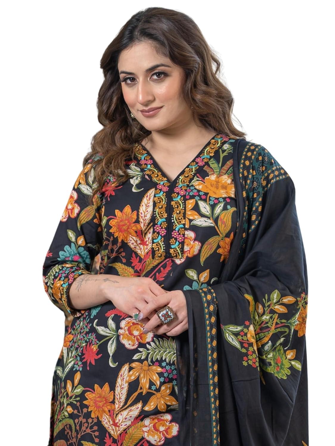 Arayna Women’s Pure Cotton Floral Kurta Set with Pants & Dupatta | Embroidered V-Neck Ethnic Suit