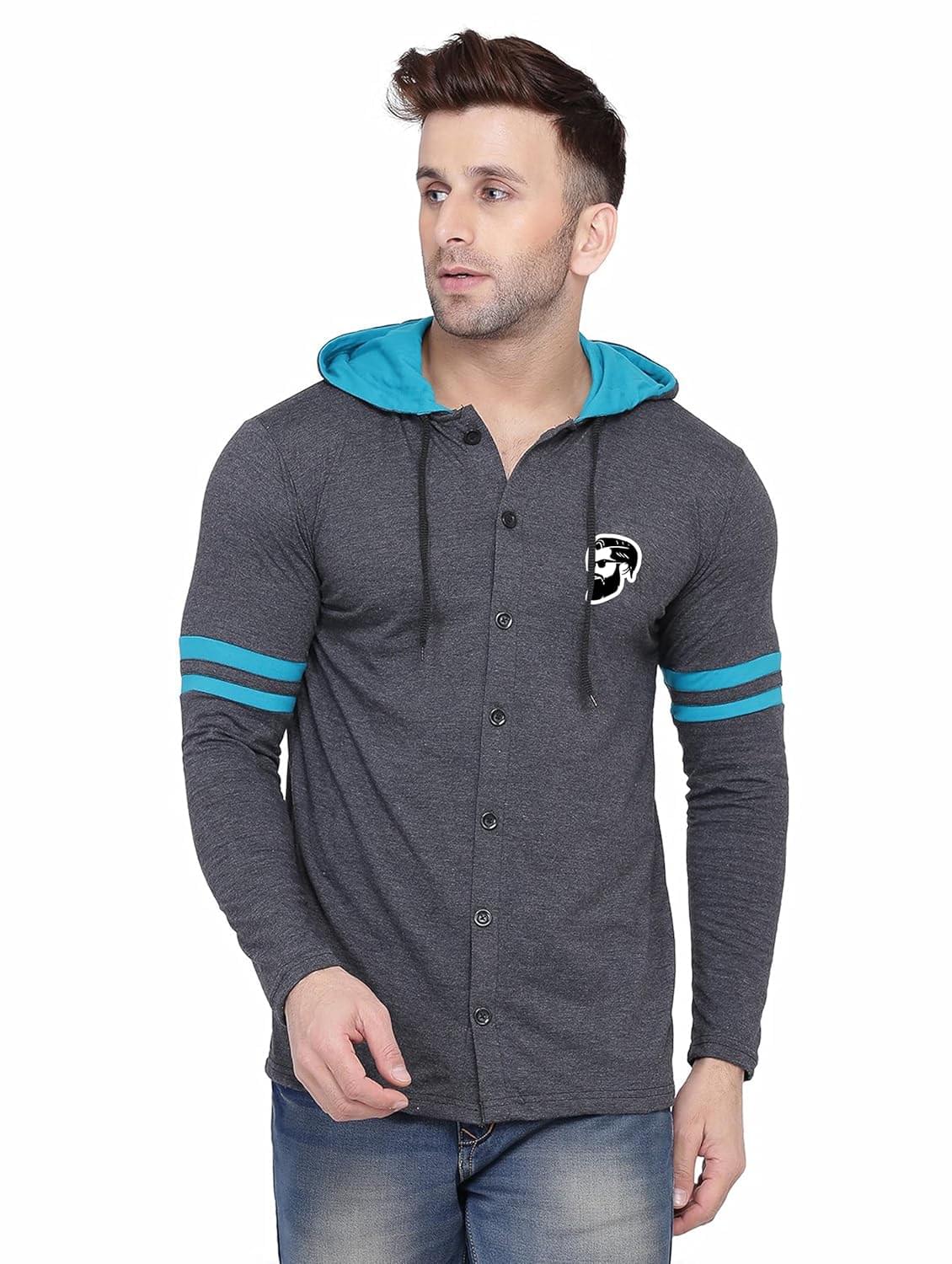 Blisstone Men’s Full Sleeve Hooded T-Shirt with Button Closure & Contrast Striped Sleeves | Stylish Cotton Blend Hoodie for Casual Wear Grey