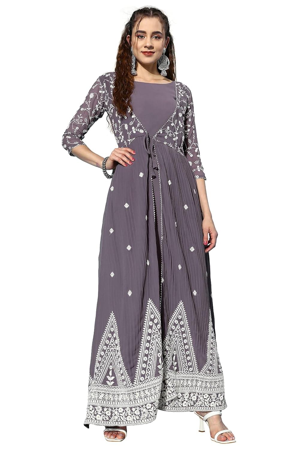 LYMI LABEL Gown For Women – Georgette 3/4 Sleeve Long Maxi Dress Gown With Attached Shrug For Traditional, Indo Western Ethnic Wear