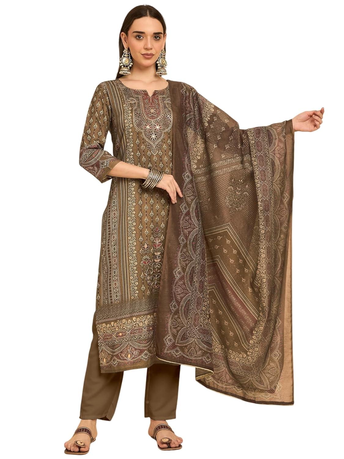 SheWill Kurta Sets for Women – Brown Rayon Digital Print with Aari Hand Work Kurta with Pant and Chanderi Dupatta |Traditional Festive Dress for Women SheWill Kurta Sets for Women – Brown Rayon Digital Print with Aari Hand Work Kurta with Pant and Chanderi Dupatta |Traditional Festive Dress for Women