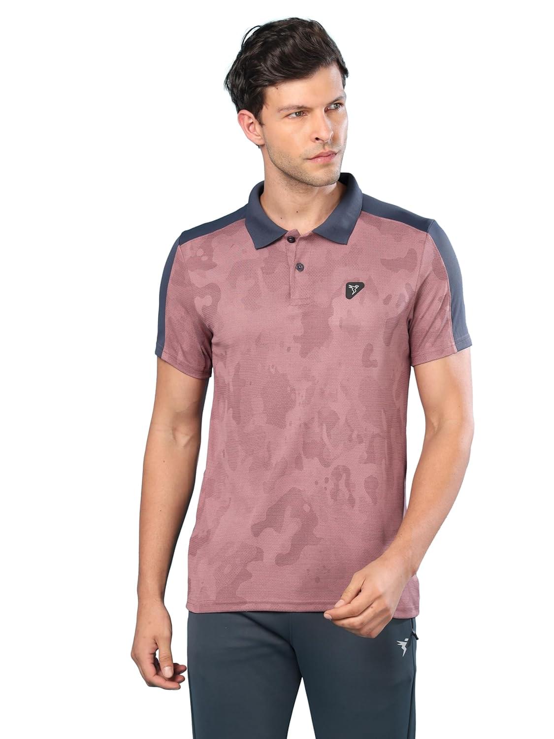 TECHNOSPORT Men’s Slim Fit Polyester Sporty Print Athleisure Polo T-Shirt with Half Sleeve, Moisture Wicking and Quick Dry