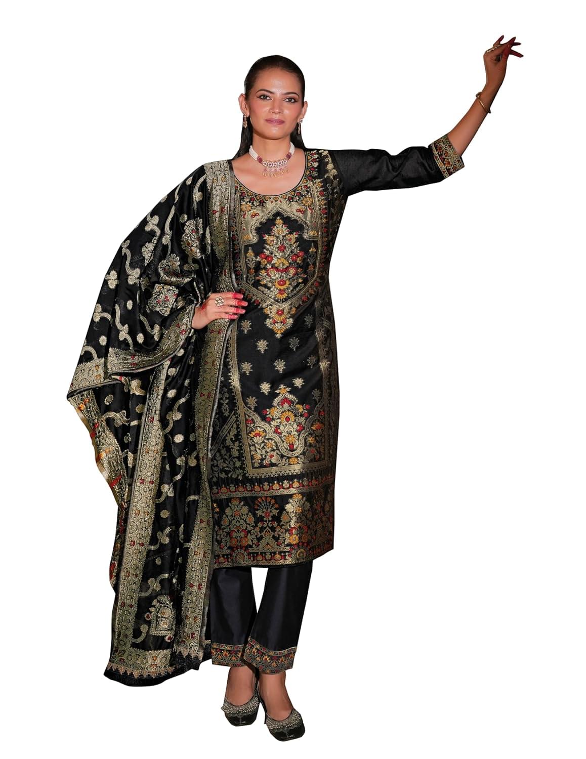 VredeVogel Women’s Silk Jacquard Embroidered Kurta Pant Set with Digital Print Dupatta